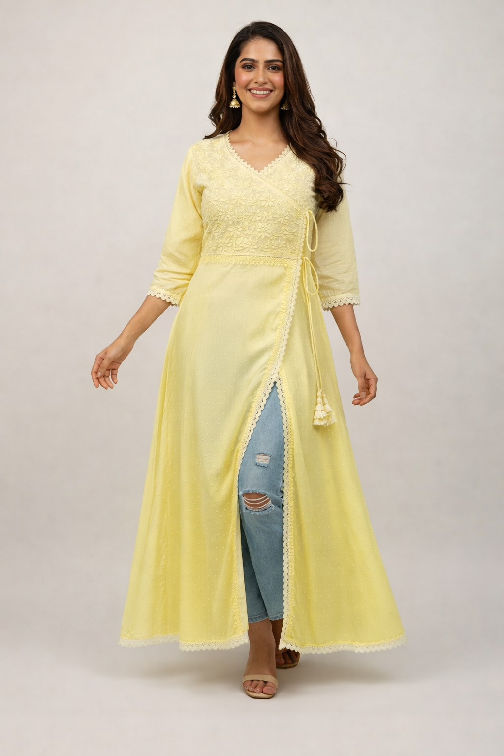 Lemon yellow ombre shade dobby cotton angrakha kurti with heavy handwork - front view