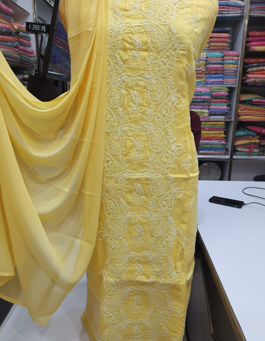 Pure Voile Cotton 3-Piece Suit with Chikankari Embroidery