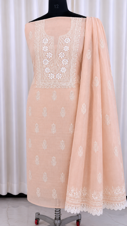 Soft Kota Doria Top & Dupatta Dress Material with Lucknowi Chikankari & Kurashiya Work