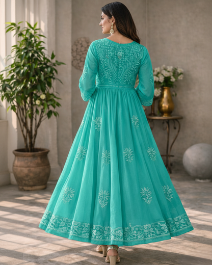 Green georgette anarkali with intricate embroidery - back view
