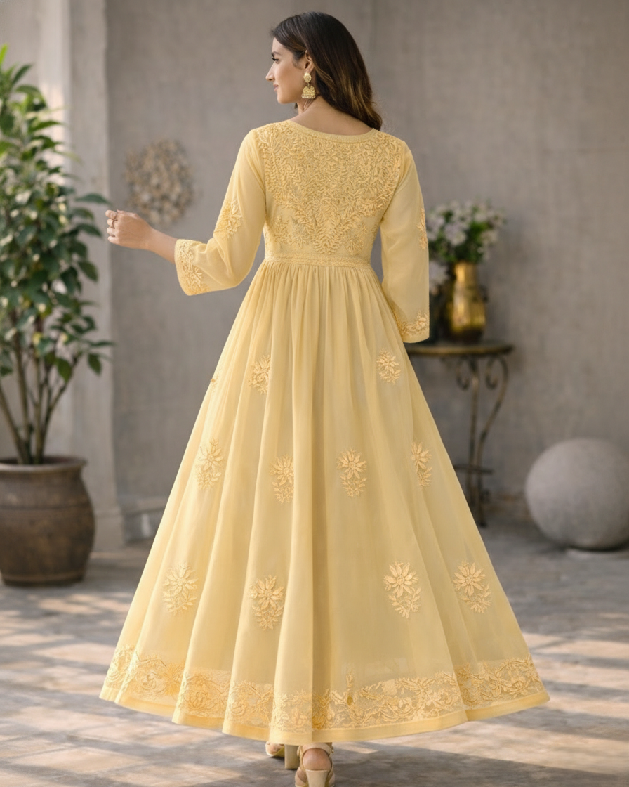 Yellow georgette anarkali with intricate embroidery - back view