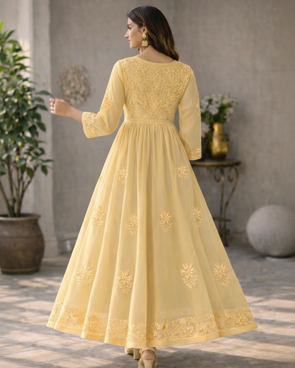 Yellow georgette anarkali with intricate embroidery - back view