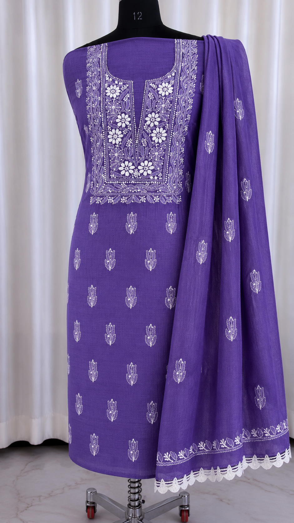 Soft Kota Doria Top & Dupatta Dress Material with Lucknowi Chikankari & Kurashiya Work