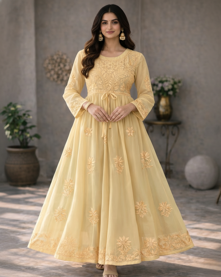 Yellow georgette anarkali with intricate embroidery - front view