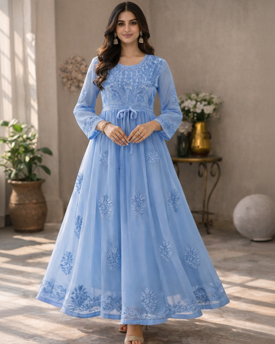 Blue georgette anarkali with intricate embroidery - front view