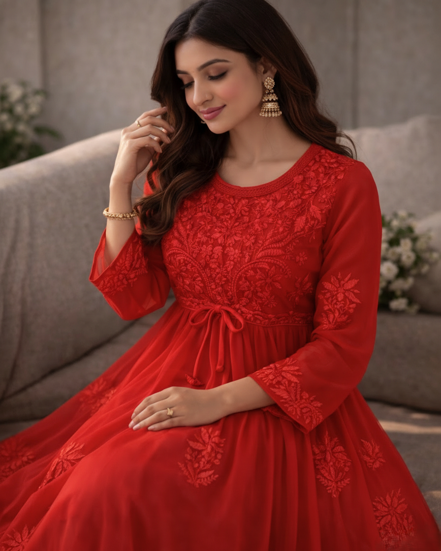Red georgette anarkali with intricate embroidery - sitting view