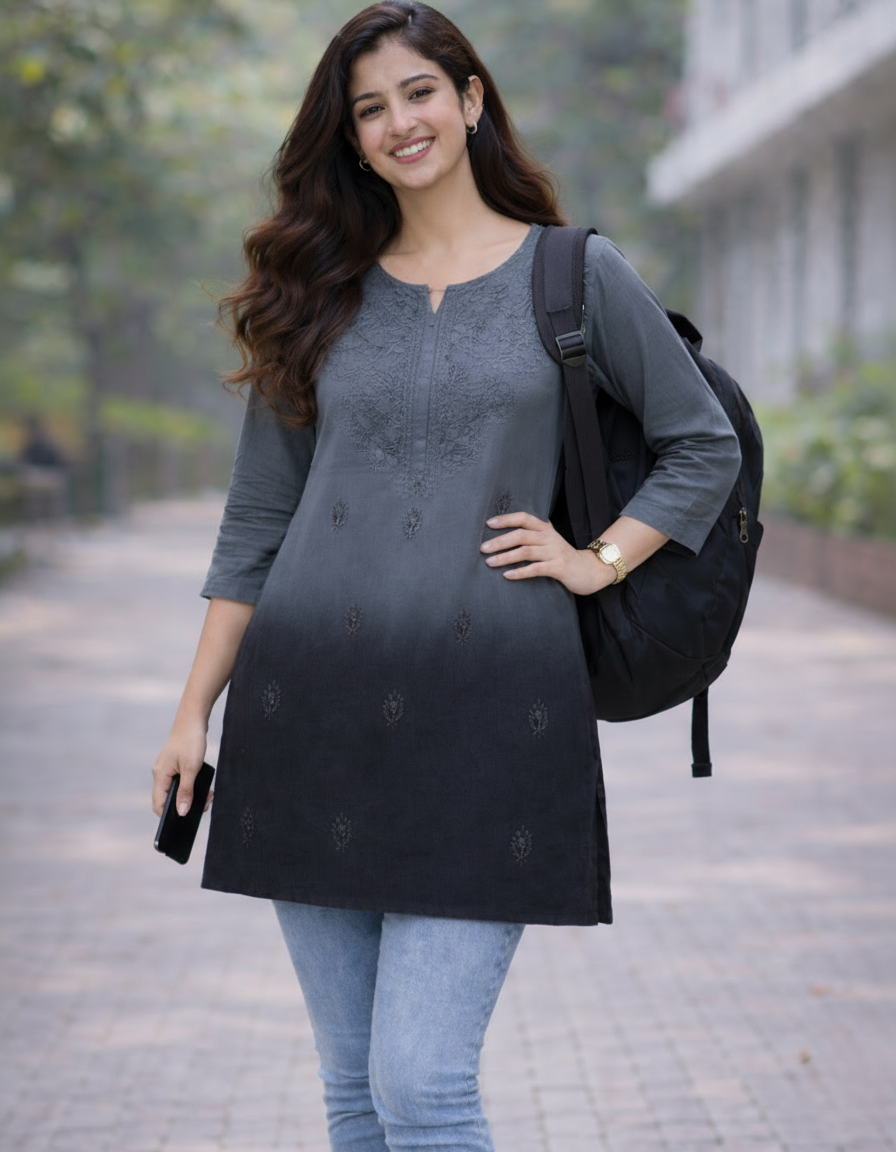 Gray and black dual shaded mul cotton short top with heavy chikankari work - front view