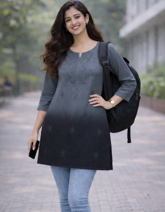 Gray and black dual shaded mul cotton short top with heavy chikankari work - front view