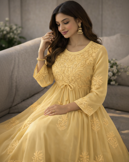 Yellow georgette anarkali with intricate embroidery - sitting view