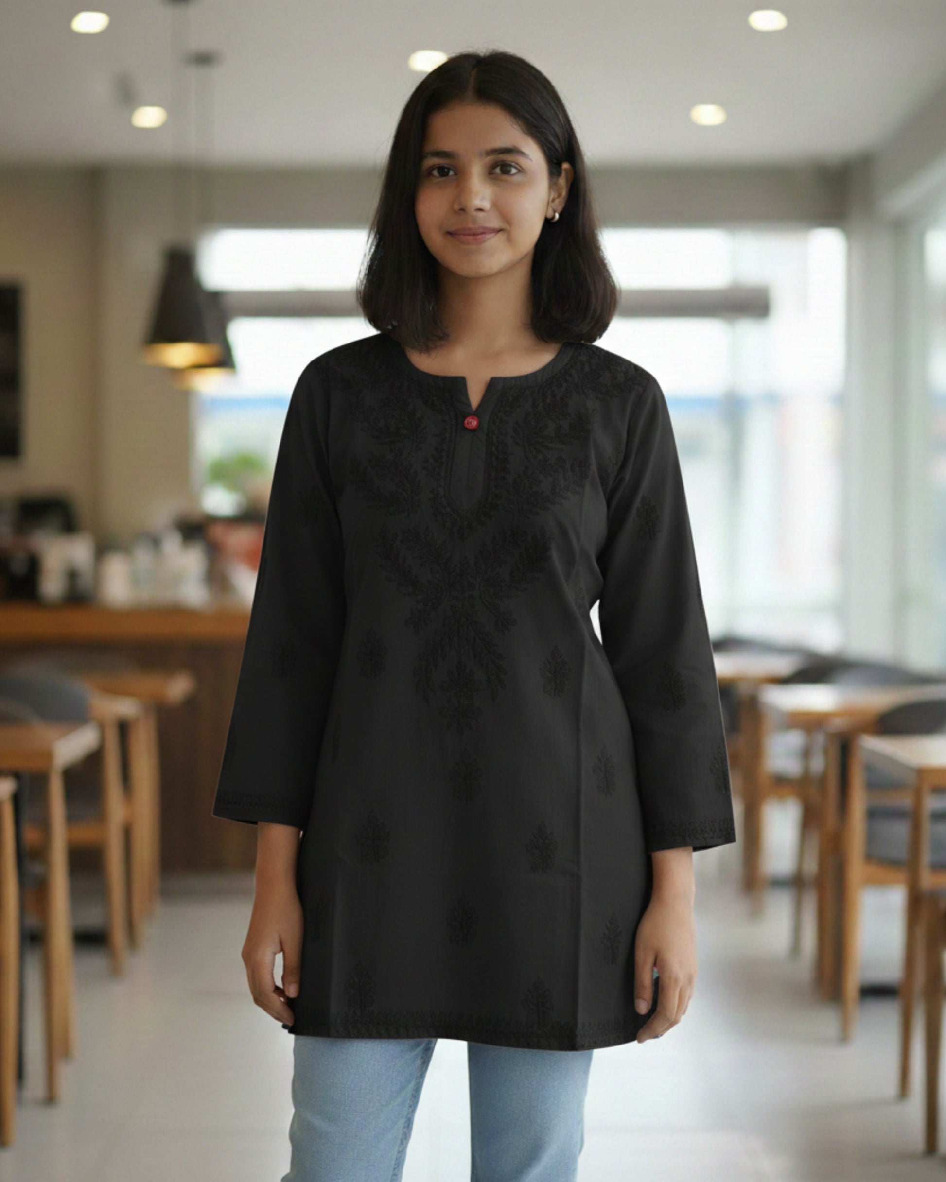 Black cotton short top with heavy chikankari work - front view