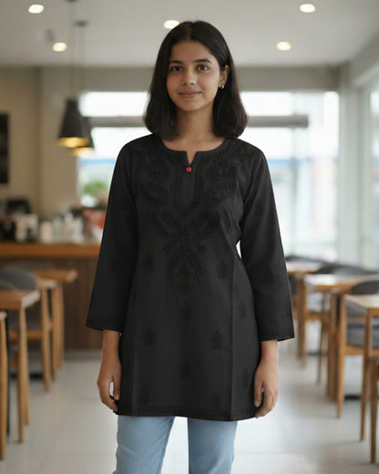 Black cotton short top with heavy chikankari work - front view