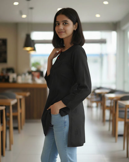 Black cotton short top with heavy chikankari work - side view
