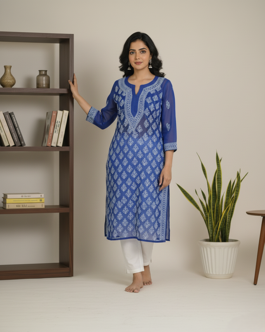Royal blue georgette jaal kurta with hand embroidery - front view