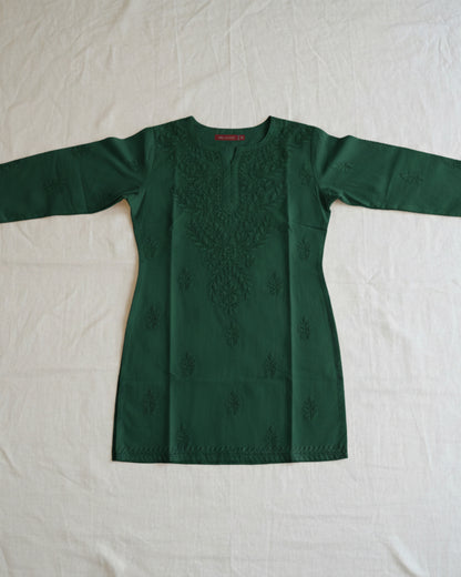 Bottle green cotton short top with heavy chikankari work - flat lay front view