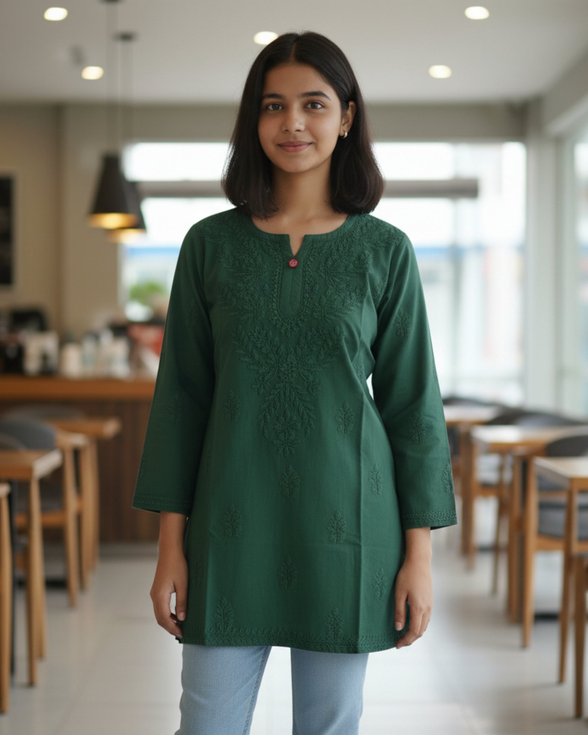 Bottle green cotton short top with heavy chikankari work - front view