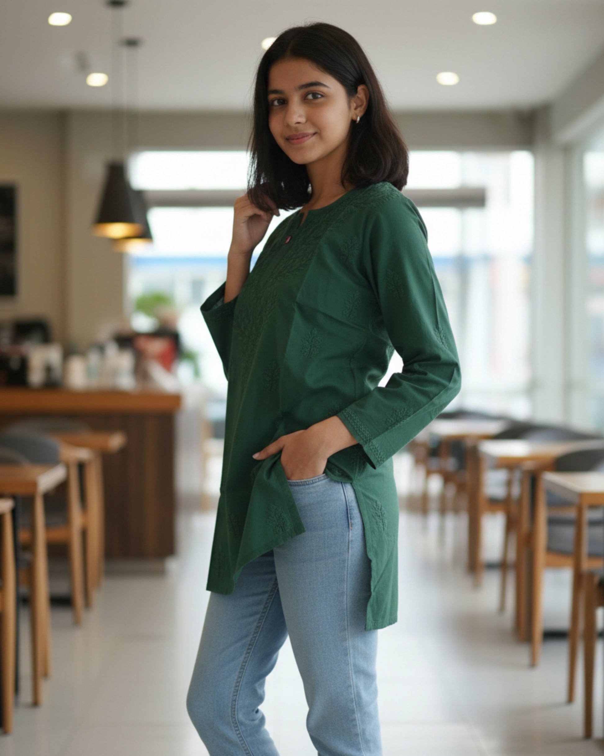 Bottle green cotton short top with heavy chikankari work - Side view