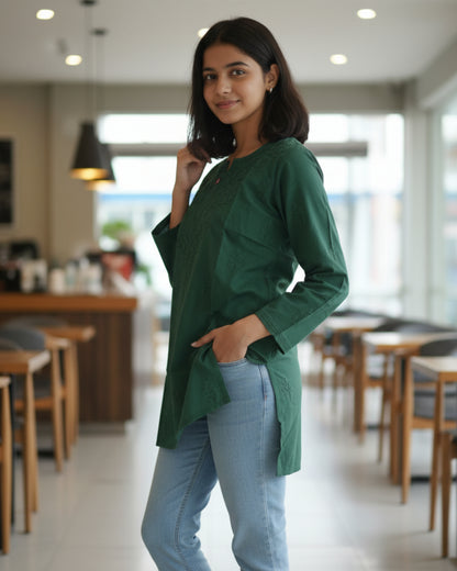 Bottle green cotton short top with heavy chikankari work - Side view