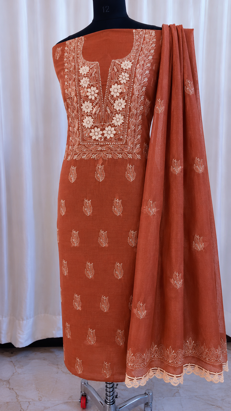 Soft Kota Doria Top & Dupatta Dress Material with Lucknowi Chikankari & Kurashiya Work