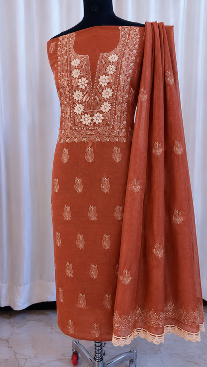 Soft Kota Doria Top & Dupatta Dress Material with Lucknowi Chikankari & Kurashiya Work