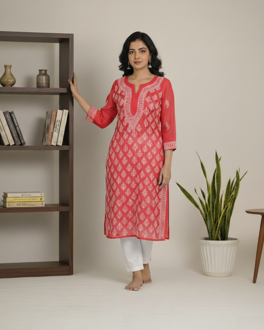 Coral red georgette jaal kurta with hand embroidery - front view