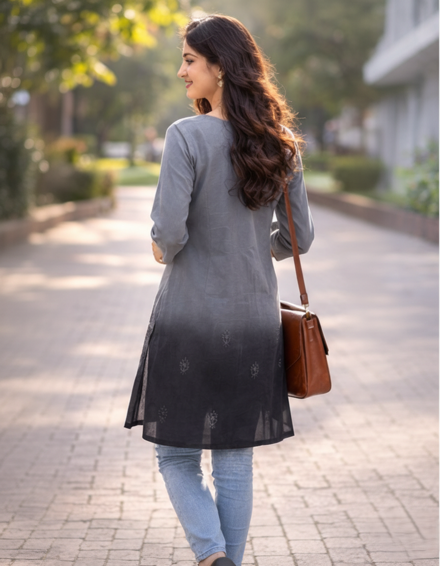 Gray and black dual shaded mul cotton short top with heavy chikankari work - back view