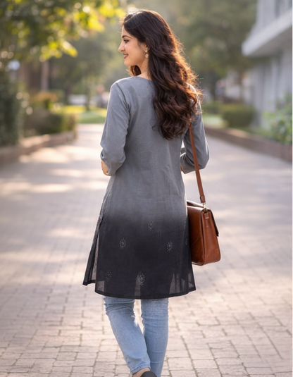 Gray and black dual shaded mul cotton short top with heavy chikankari work - back view