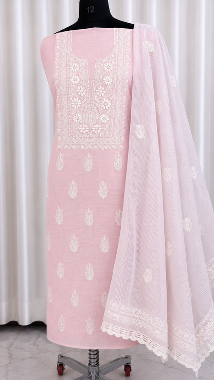 Soft Kota Doria Top & Dupatta Dress Material with Lucknowi Chikankari & Kurashiya Work
