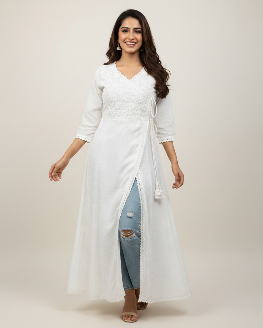 White dobby cotton angrakha kurti with heavy handwork - front view