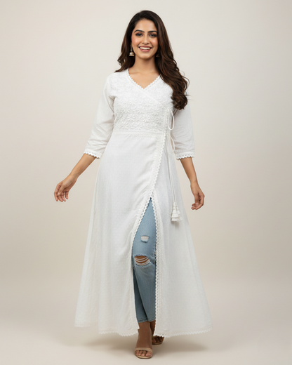 White dobby cotton angrakha kurti with heavy handwork - front view