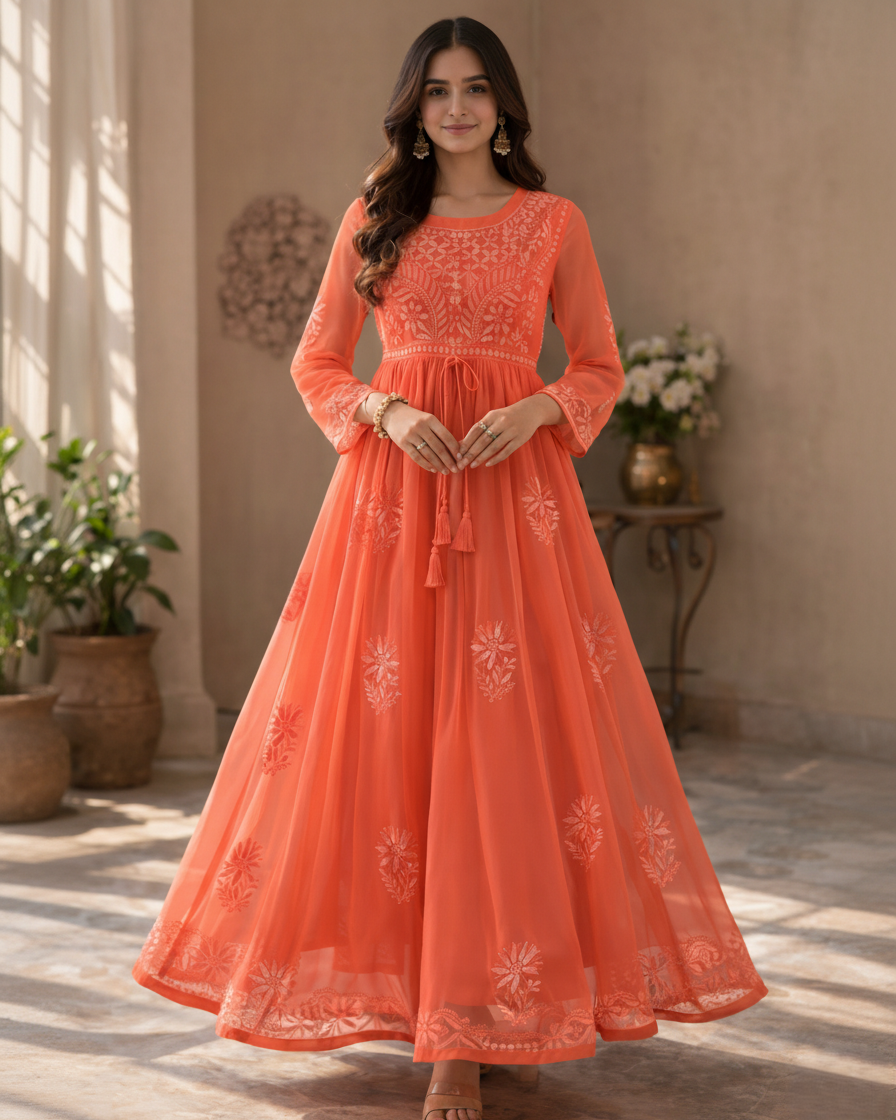 Orange georgette anarkali with intricate embroidery - front view