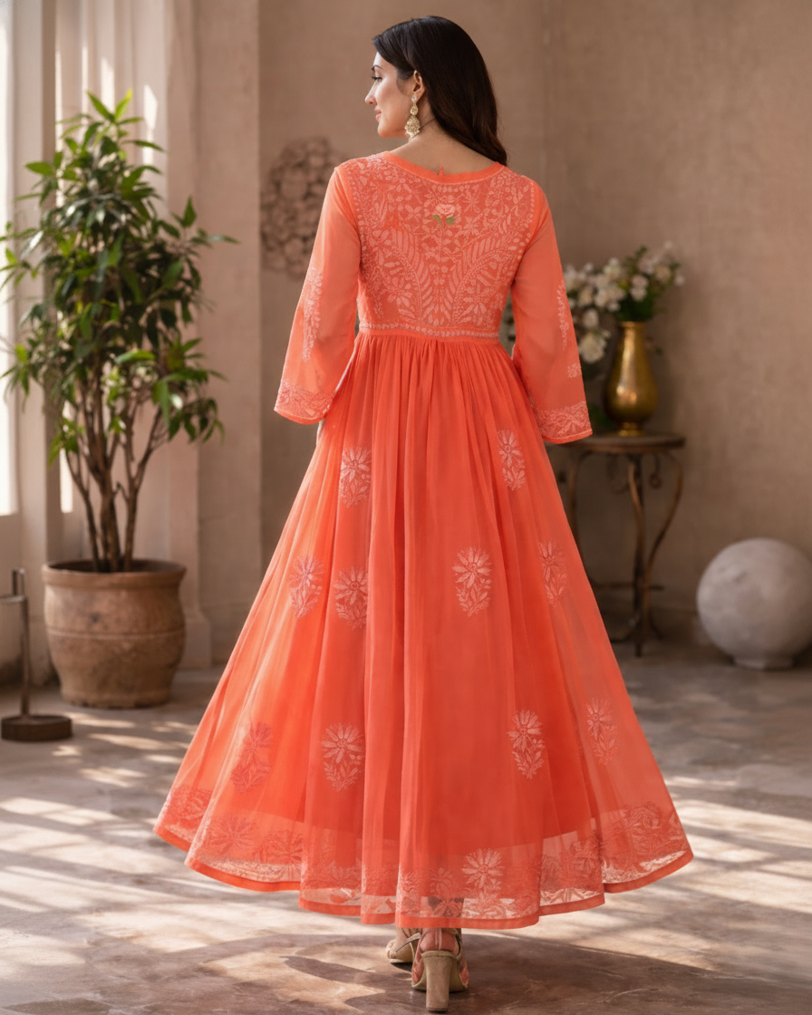 Orange georgette anarkali with intricate embroidery - back view