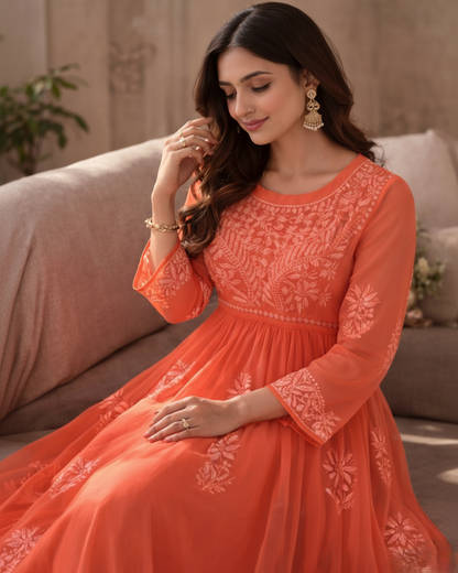 Orange georgette anarkali with intricate embroidery - sitting view