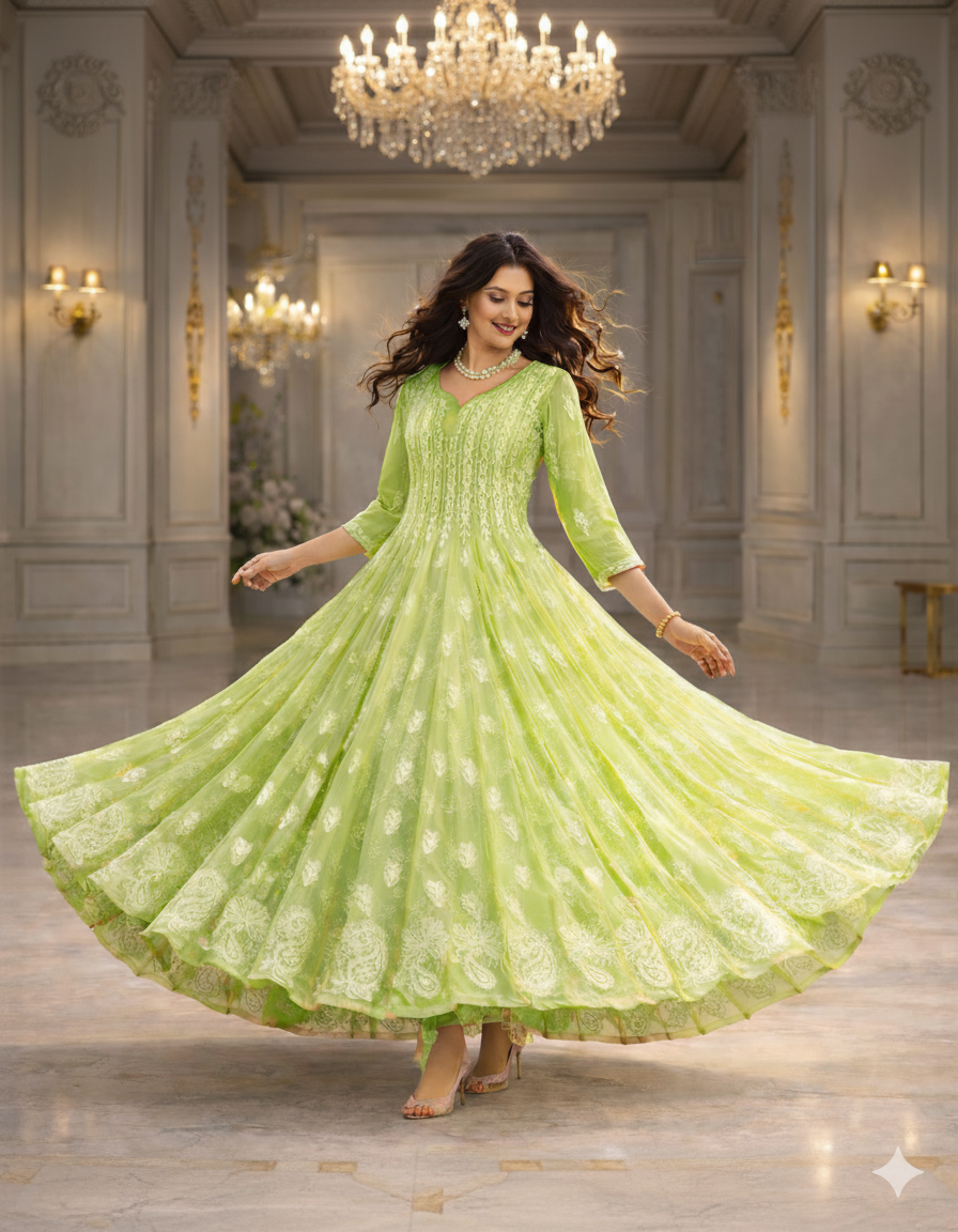 Mehendi green georgette 56 kali anarkali with chikankari embroidery - front view