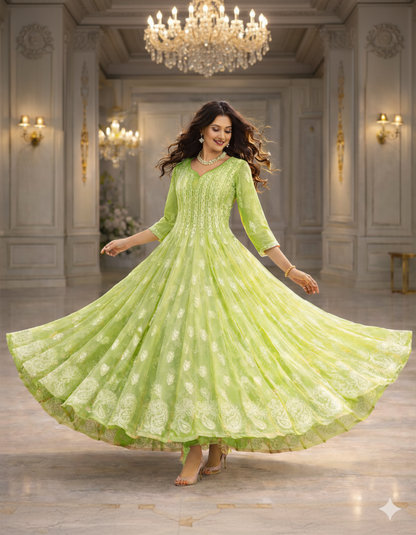 Mehendi green georgette 56 kali anarkali with chikankari embroidery - front view