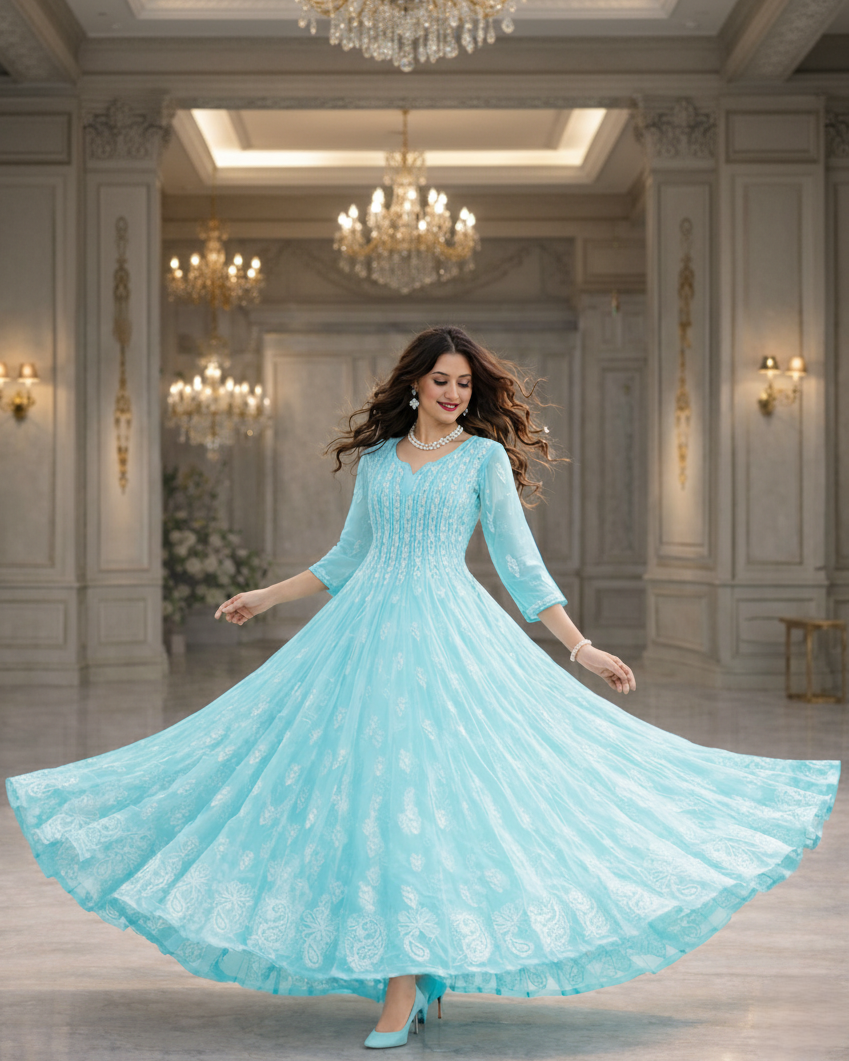 Sky blue georgette 56 kali anarkali with chikankari embroidery - front view
