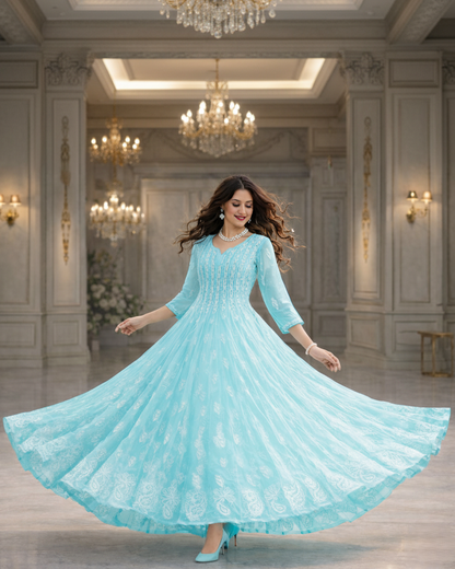 Sky blue georgette 56 kali anarkali with chikankari embroidery - front view