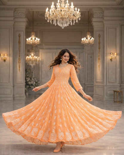 Orange georgette 56 kali anarkali with chikankari embroidery - front view