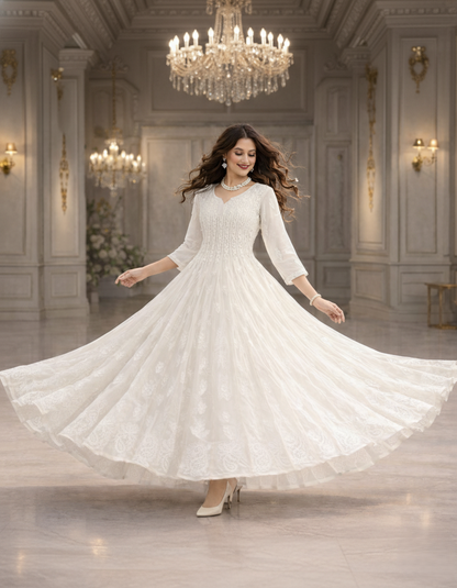 White georgette 56 kali anarkali with chikankari embroidery - front view