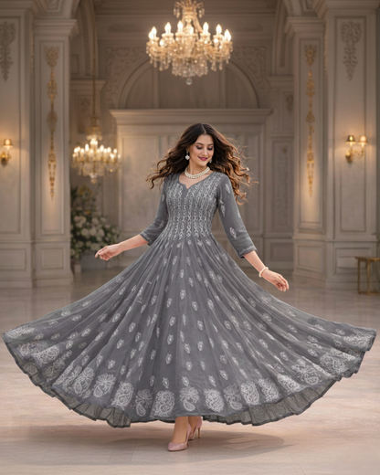 Gray georgette 56 kali anarkali with chikankari embroidery - front view