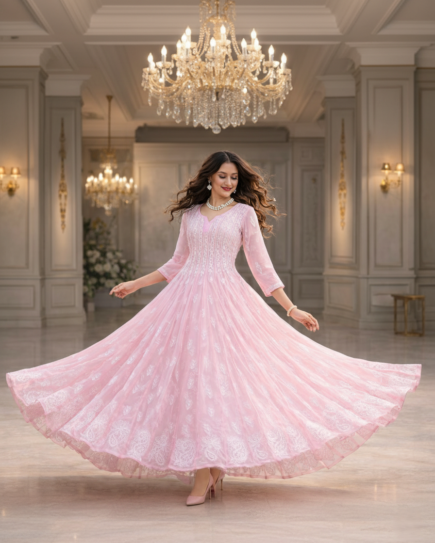 Baby pink georgette 56 kali anarkali with chikankari embroidery - front view