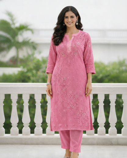 Pink color viscose georgette kurti with Lucknowi chikankari - front view