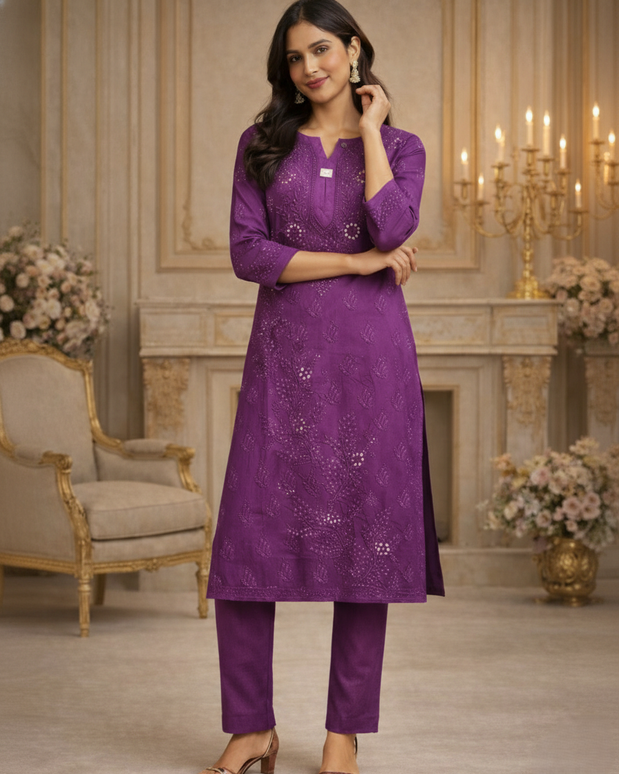 Magenta color viscose georgette kurti with Lucknowi chikankari - front view