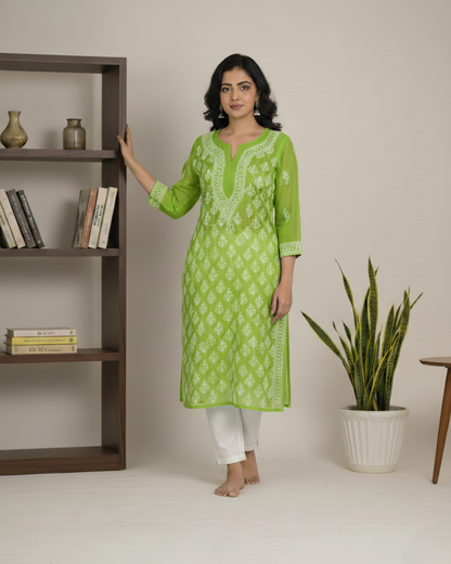 Green georgette jaal kurta with hand embroidery - front view