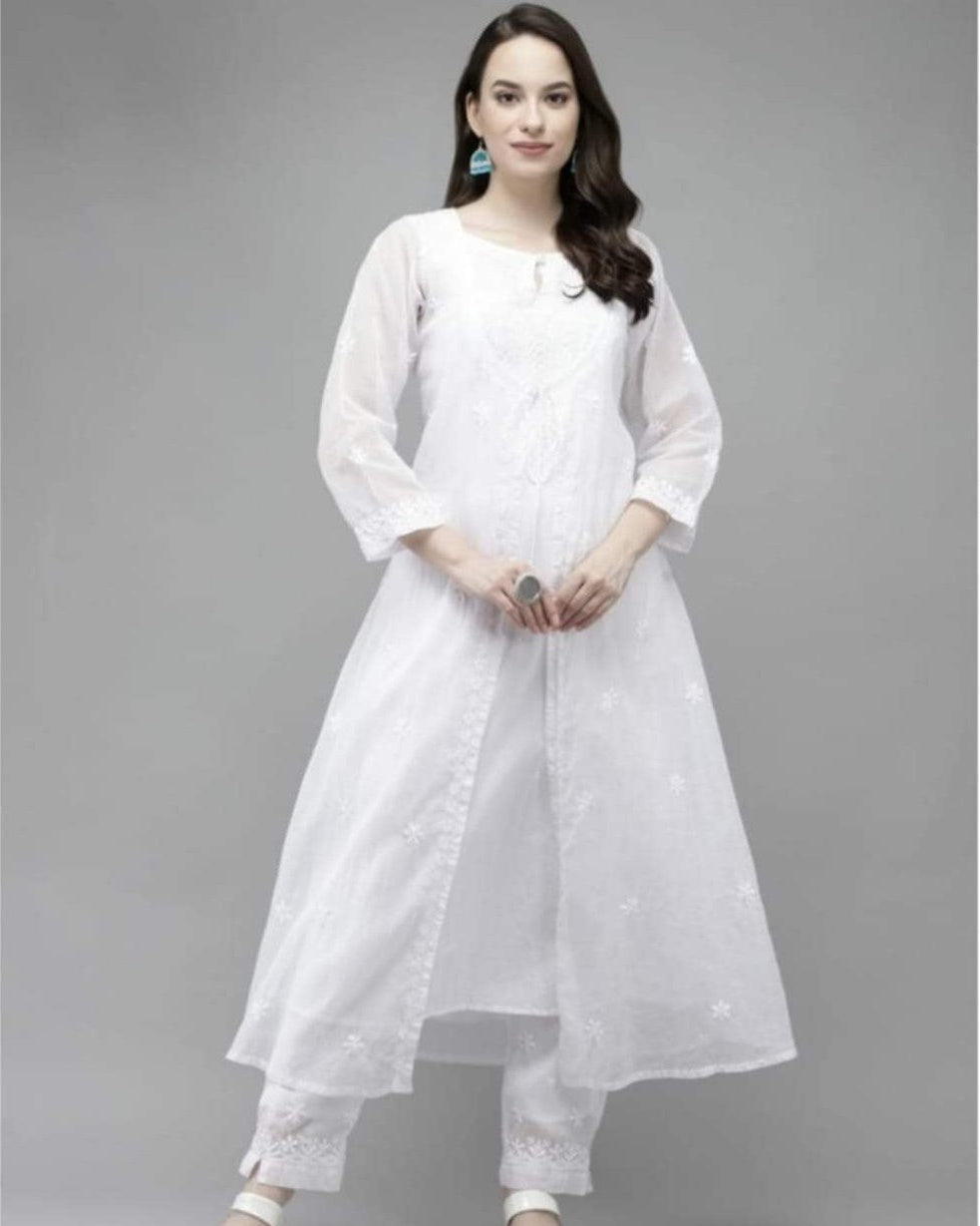 White Kota Doria jacket kurta with heavy chikankari work - front view