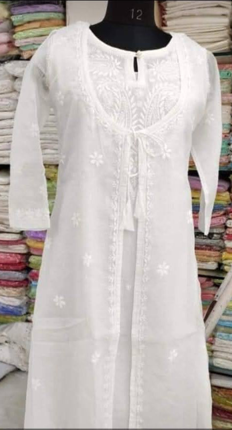White Kota Doria jacket kurta with heavy chikankari work - front view