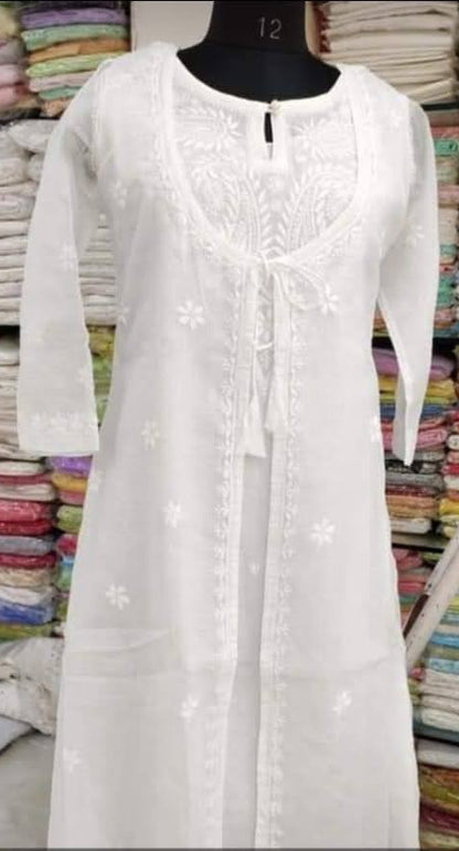 White Kota Doria jacket kurta with heavy chikankari work - front view