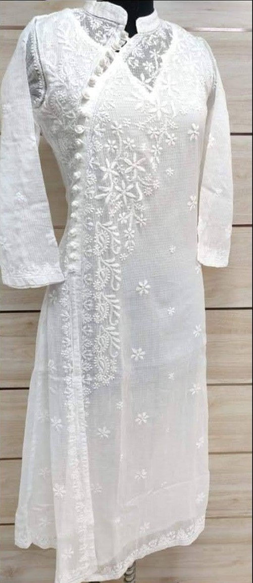 White Kota Doria kurta with heavy chikankari work and stand collar - Side view