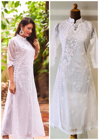 White Kota Doria kurta with heavy chikankari work and stand collar - front and side view