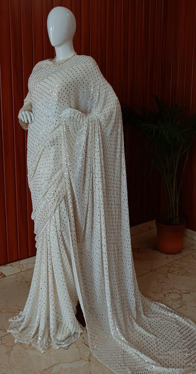 Premium Georgette Dyeable Saree with Full Jaal Mukaish Handwork
