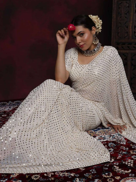 Premium Georgette Dyeable Saree with Full Jaal Mukaish Handwork